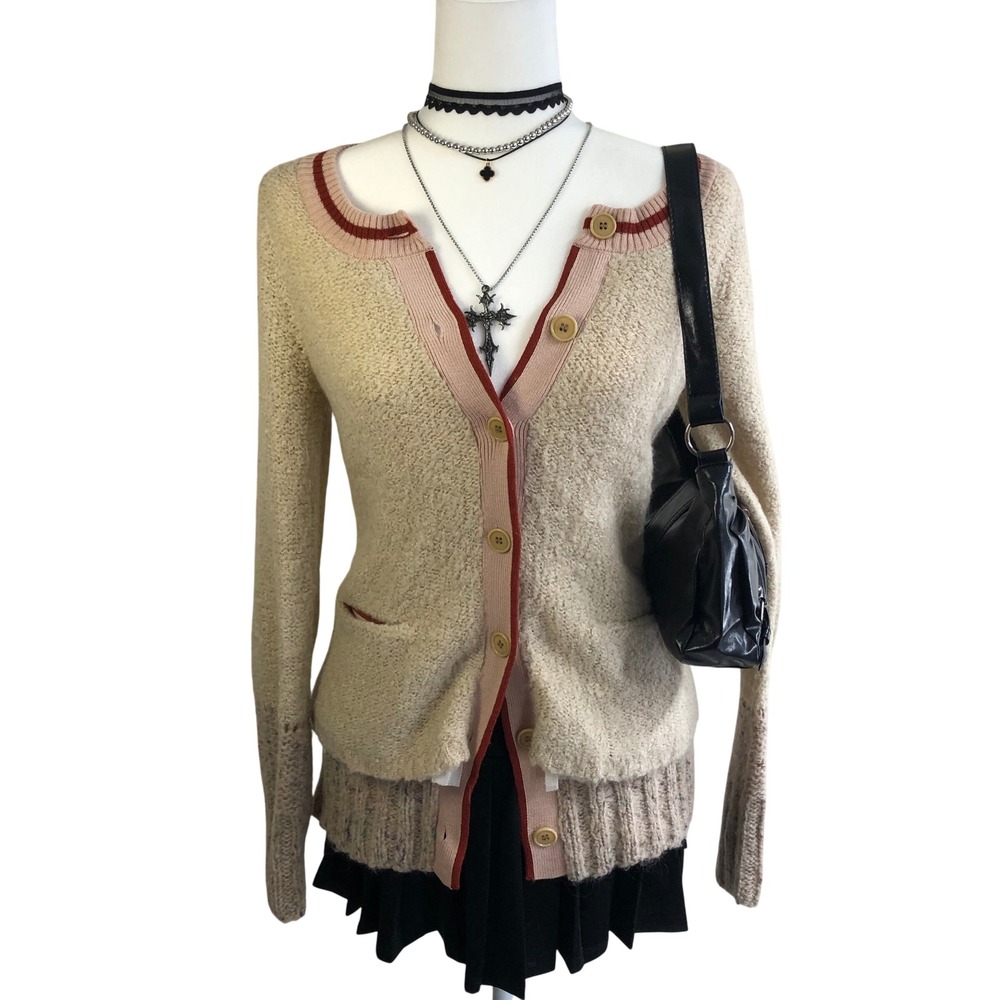 Vintage Anthropologie Charlie & Robin Cardigan Sweater XS Distressed Oat Beige